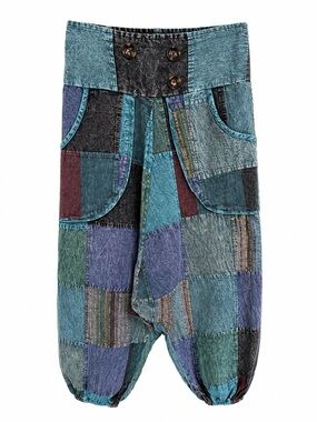 GOA Patchwork Boho Harem Pants in Teal Multi (missing one decorative button)